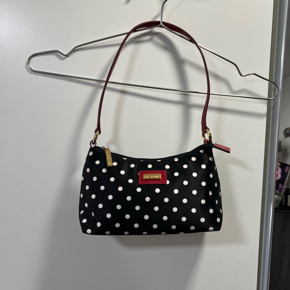 St. John Collection Black Polka Dot Shoulder Bag with Burgundy Strap